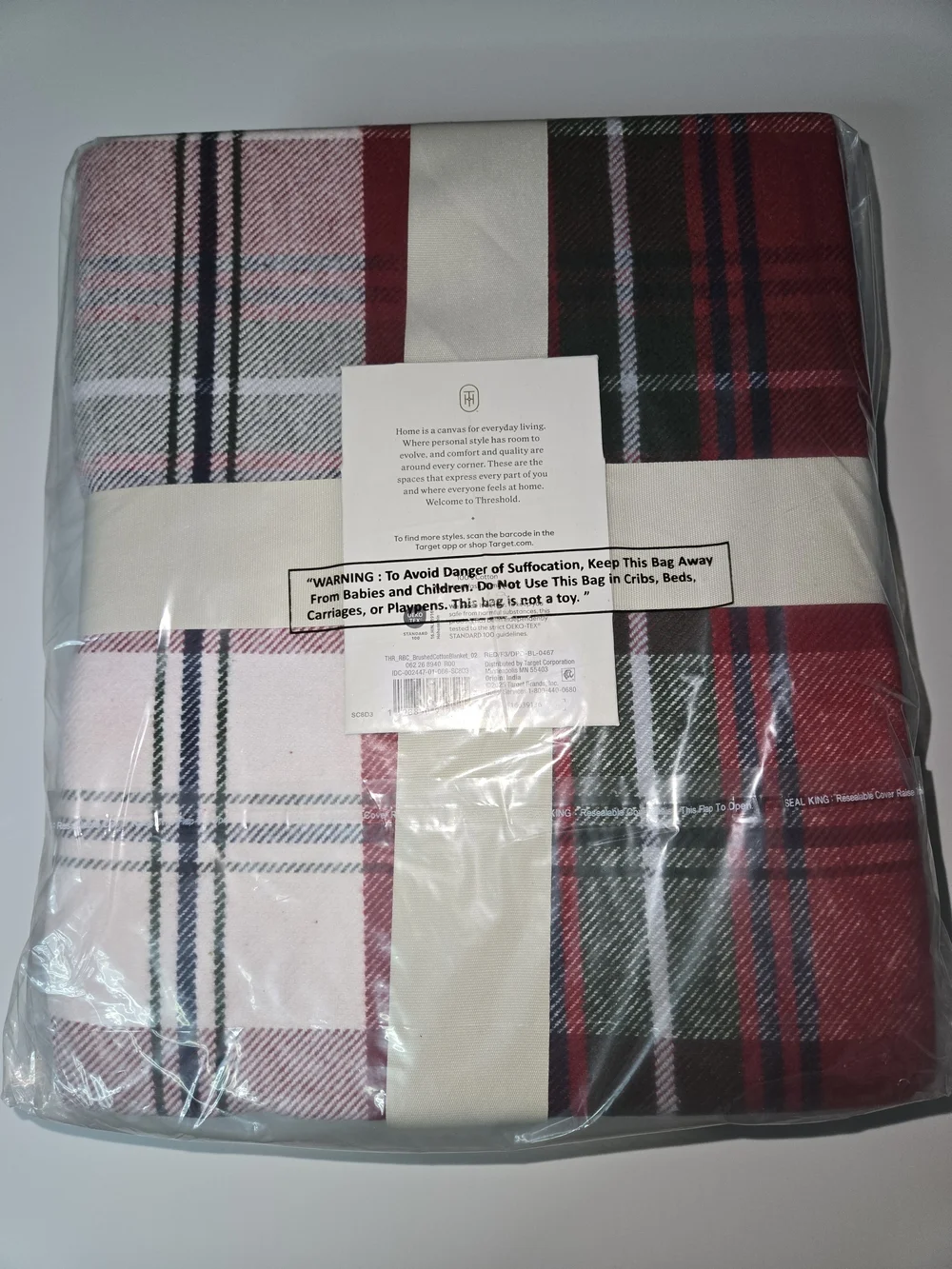 Threshold Brushed Cotton Plaid Blanket - Red, Green, White - King Size